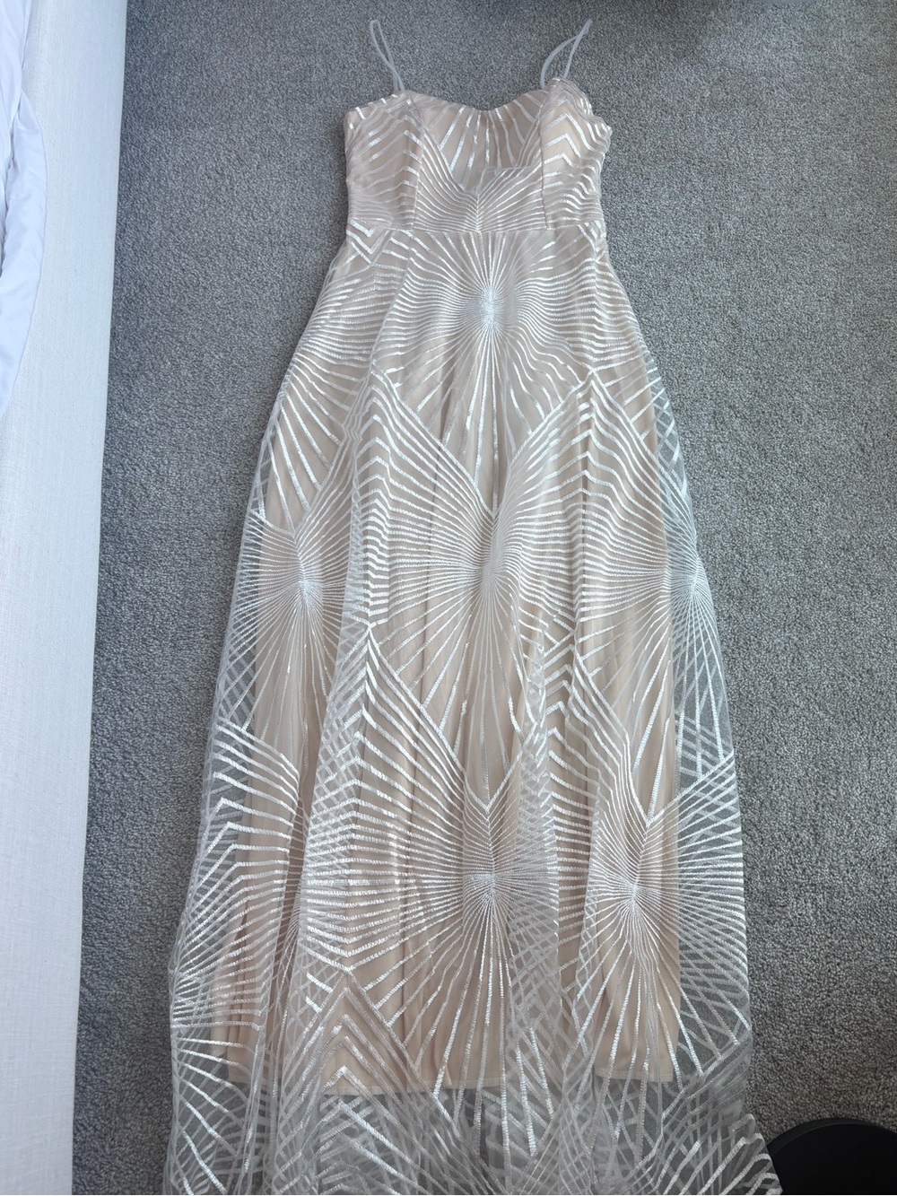 Elegant Nude & White Spaghetti-Strap A-Line Dress